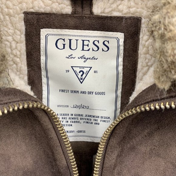 GUESS Faux Suede Shearling Coat Dark Brown Full Zip Faux Fur Collar Womens Large - Picture 2 of 4
